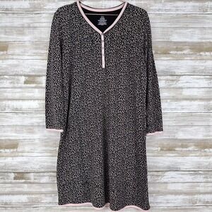 Women's Nightgown Long Sleeve Medium Cotton Black Pink Floral Henley Sleepwear